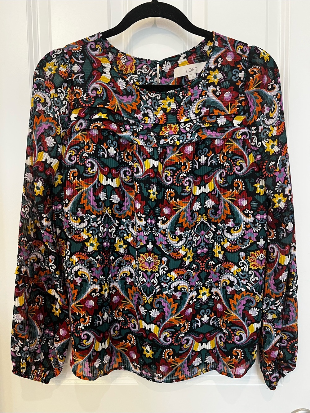 LOFT Black Multi Paisley-Print Long Sleeve Blouse